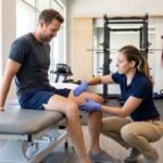 Physical therapist checking an athlete's inner thigh to estimate groin strain recovery time