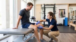 Physical therapist checking an athlete's inner thigh to estimate groin strain recovery time