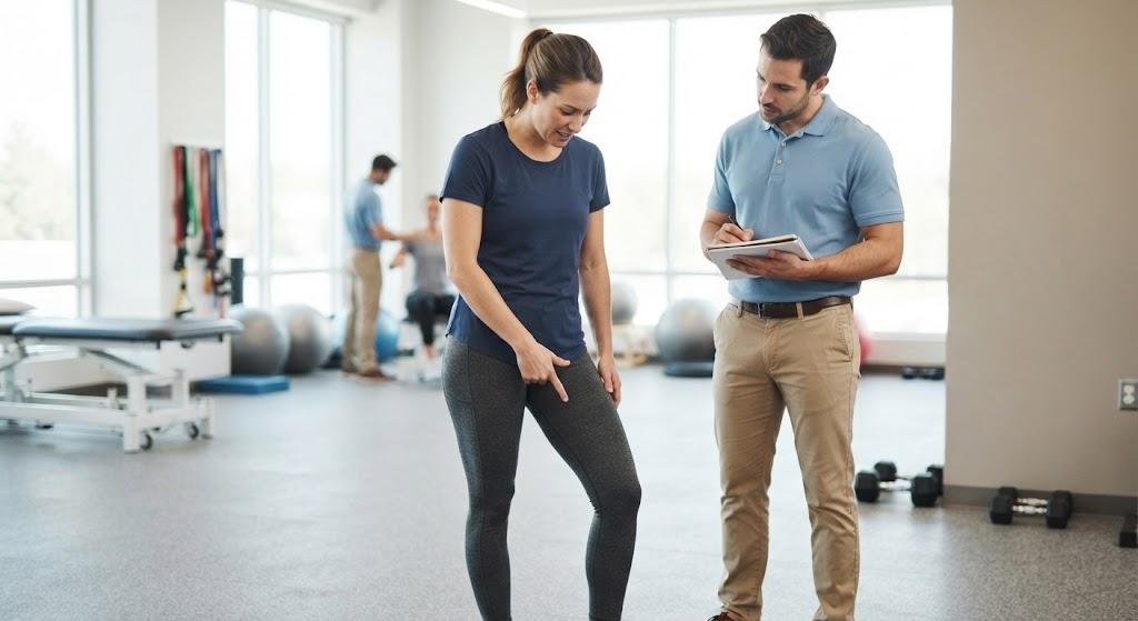 Physical therapist evaluating an athlete with groin strain