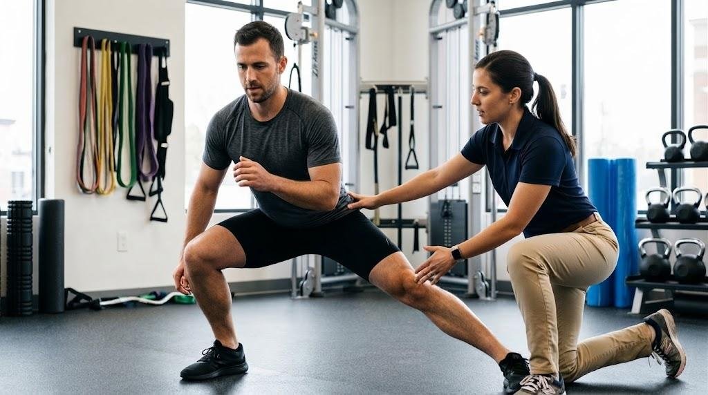 Athlete performing a lateral lunge during groin strain rehabilitation