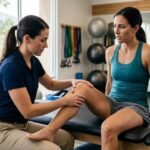 Physical therapist checking an athlete’s inner knee to estimate MCL sprain recovery time