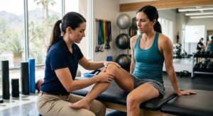 Physical therapist checking an athlete’s inner knee to estimate MCL sprain recovery time