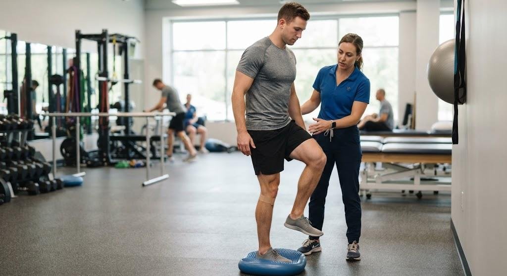 Physical therapist assessing knee stability during MCL rehabilitation