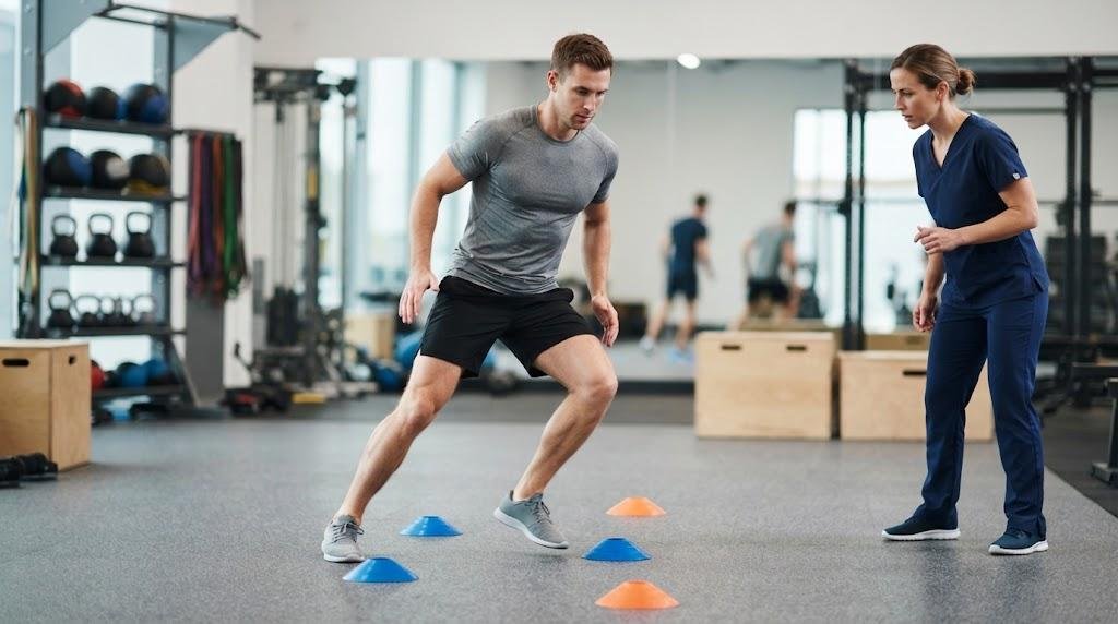 Athlete performing a controlled change-of-direction drill during MCL recovery