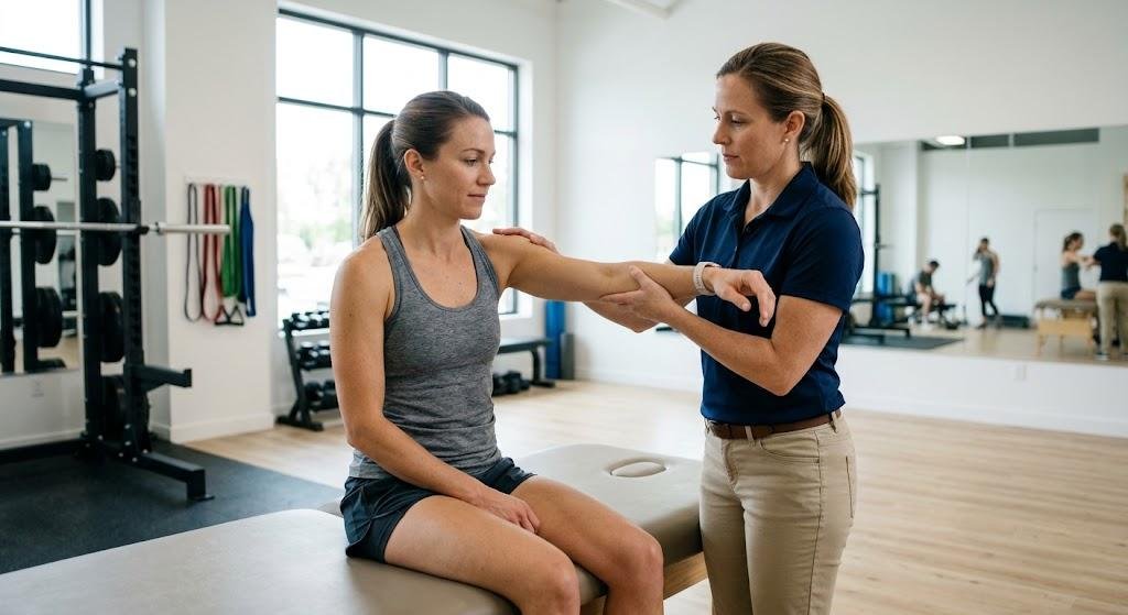 Physical therapist assessing an athlete’s shoulder range of motion