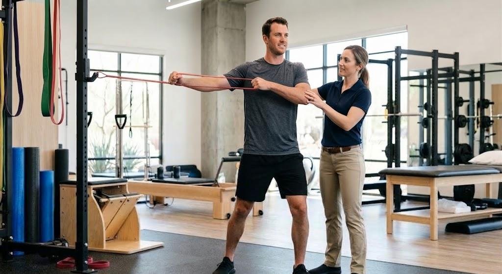 Athlete performing a resistance-band shoulder rehabilitation exercise with a physical therapist