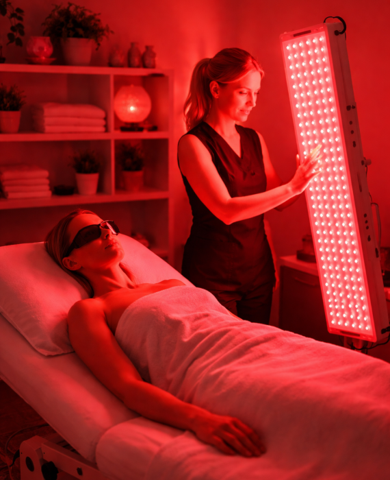 Therapist adjusting red light therapy panel during a wellness treatment session in a clinic room
